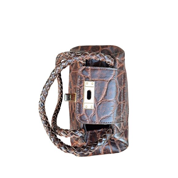 Vintage 1980s Warren Reed Brown Woven & Croc Embossed Shoulder Bag Purse - Picture 5 of 8